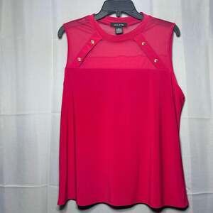Adele & May Red Sleeveless Blouse XL Pullover Top Gold Buttons Sheer